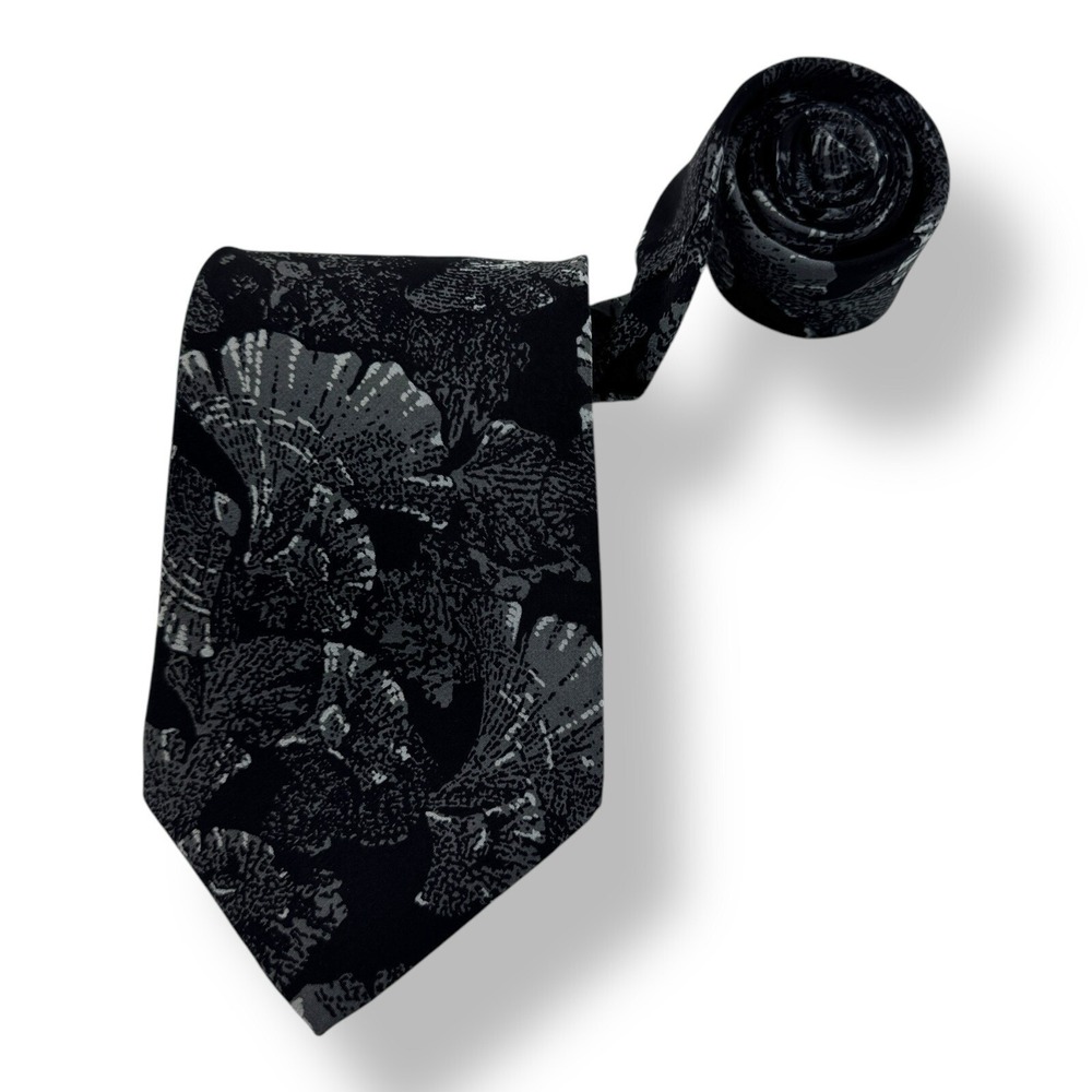 Andre Valentino Vintage‎ Pure Silk Black Gray Floral Tie Hand Sewn 3.25" x 55"